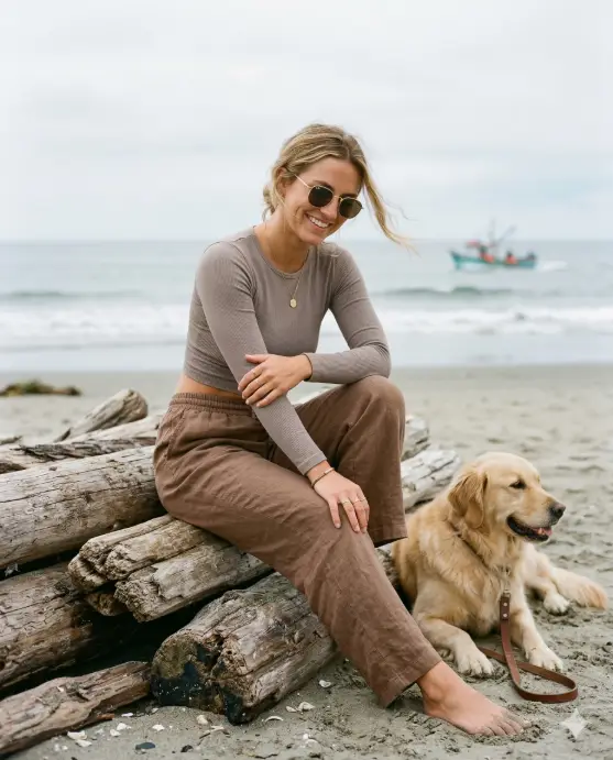 Create a relaxed lifestyle beach portrait of a cheerful young woman sitting casually on a stack of weathered driftwood logs on a sandy shoreline, smiling naturally while looking slightly downward with a playful, carefree expression, her hair loosely tied back with soft strands blowing in the coastal breeze, wearing stylish gold-framed sunglasses and a fitted long-sleeve muted taupe crop top paired with loose high-waisted brown lounge pants, accessorized with delicate rings and a simple necklace, her posture relaxed with one arm resting across her knee, beside her lies a calm golden retriever with a leash resting on the sand, creating a warm companionship moment, while the soft ocean horizon and a small colorful fishing boat appear blurred in the distant background, captured in gentle overcast daylight with a shallow depth of field that produces a calm, cinematic beach lifestyle aesthetic with natural tones, soft textures, and a peaceful seaside atmosphere. Use aspect ratio 4:5.