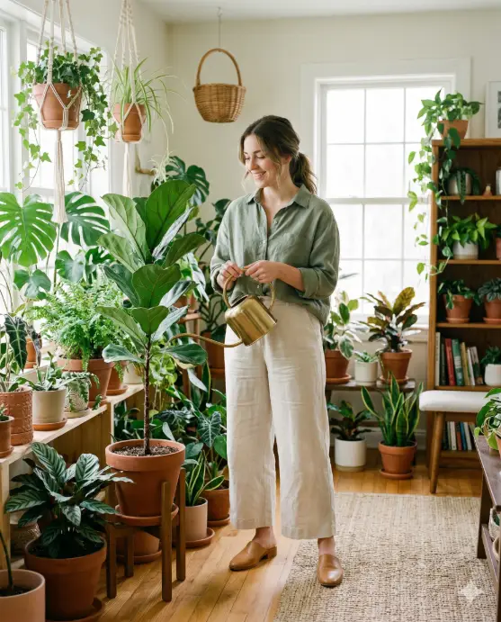 Create a lifestyle photo of a young woman standing in a bright room filled with indoor plants, using a long-spouted brass watering can to water a tall fiddle leaf fig. She is wearing a loose sage green linen button-up shirt tucked into wide-leg cream trousers and tan leather mules. Her hair is in a low ponytail with soft pieces framing her face. She is looking at the plant with a warm, content smile. The camera is at hip height, slightly wide to capture the room filled with various potted plants on shelves, hanging macrame planters, and a terracotta pot collection on the floor. Bright, natural light floods in from a large window to the right. Fresh green and earthy tones with clean whites. Shot with a 28mm lens, medium depth of field to show room context. Use aspect ratio 4:5.