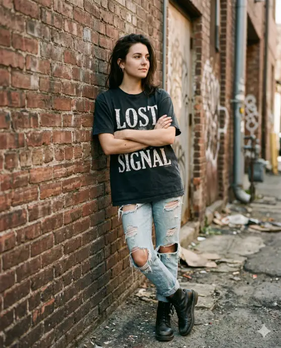 Create a photo of a young woman wearing a faded vintage black t-shirt with distressed, cracked typography across the front that reads "LOST SIGNAL" in a rough, uneven serif font with peeling ink edges and visible fabric showing through the letters. She is leaning against a brick wall with her arms crossed, looking off-camera to the right with a relaxed, unbothered expression. She is wearing ripped light-wash jeans and black ankle boots. Her hair is slightly messy and tucked behind one ear. The camera is at eye level, shooting straight on with a shallow depth of field. Warm, desaturated natural light filtering through an alley. Gritty, 90s grunge editorial feel. Use aspect ratio 4:5.