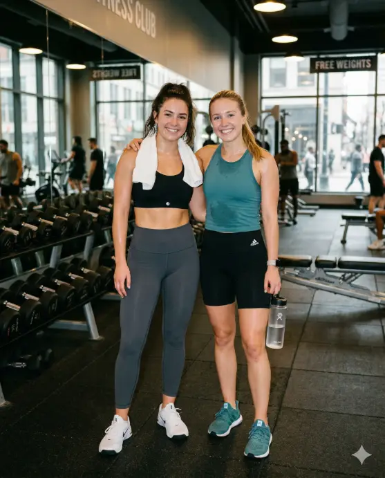Create a photo of two young women standing side by side in a modern gym, both slightly sweaty and smiling at the camera after a workout. One is wearing a black sports bra with high-waisted charcoal leggings and white training shoes, a small towel draped around her neck. The other is in a fitted teal tank top with black biker shorts and matching teal sneakers, holding a water bottle at her side. One has her arm around the other's shoulder. Behind them, the gym floor shows dumbbells on a rack, a large mirror, and soft overhead fluorescent lighting mixed with natural light from floor-to-ceiling windows. The camera is at waist height, shooting slightly upward. Clean, bright, fitness-lifestyle aesthetic with natural skin tones. Shot with a 35mm lens, medium depth of field. Use aspect ratio 4:5.