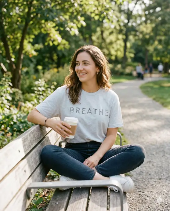 Create a photo of a young woman sitting on a park bench, wearing a relaxed-fit light gray t-shirt with thin outline-only typography in black that reads "BREATHE" across the chest. The letters have no fill color, just clean, precise single-line outlines with even stroke width and generous letter spacing. She is sitting with one leg crossed over the other, holding a to-go coffee cup, looking to her left with a relaxed smile. Green trees and a gravel path are softly blurred in the background. The camera is at eye level, positioned slightly to the right. Soft, dappled afternoon sunlight filtering through tree leaves. Calm, lifestyle, wellness brand editorial feel. Use aspect ratio 4:5.