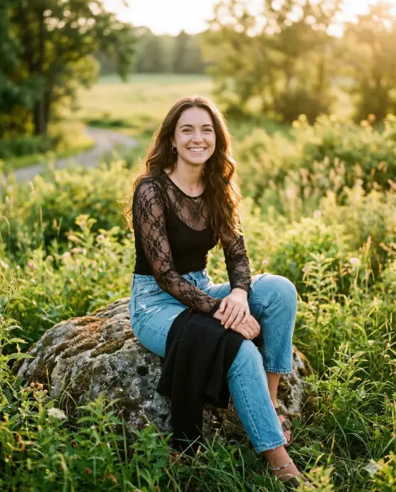 Create a warm golden-hour outdoor portrait of a young woman sitting casually on a natural rock surrounded by lush green grass and soft foliage, gently leaning forward with her hands clasped over her knee and her head slightly tilted while smiling warmly toward the camera, her long dark hair flowing naturally over her shoulders and softly illuminated by the low sunlight, wearing a stylish black outfit featuring a delicate sheer lace long-sleeve top layered over a fitted inner top paired with light blue denim jeans, holding a soft dark jacket or scarf across her lap, with sunlight casting a warm glow on her face and creating rich highlights in her hair while the background melts into creamy green bokeh, captured in a natural lifestyle portrait style with shallow depth of field, vibrant colors, and a serene, relaxed countryside atmosphere. Use aspect ratio 4:5.
