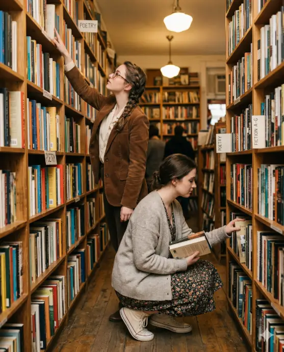 Create a photo of two young women standing in a narrow aisle of a charming independent bookstore, both browsing the shelves. One is reaching up to a high shelf wearing a fitted brown corduroy blazer over a cream blouse with round tortoiseshell glasses, her hair in a loose French braid. The other is crouched down looking at a lower shelf in a soft gray cardigan over a floral dress with canvas sneakers, holding two books already. Tall wooden bookshelves packed with colorful spines fill both sides of the frame. The camera is at the end of the aisle, capturing the full scene with both of them in profile. Warm, soft ambient lighting from vintage-style overhead fixtures. The mood is calm, bookish, and intimate. Lifestyle editorial with muted warm tones. Shot with a 35mm lens, medium depth of field. Use aspect ratio 4:5.
