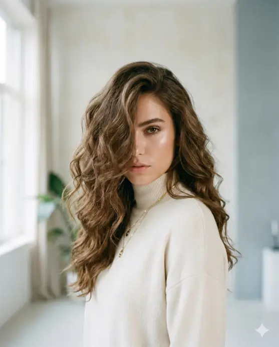 Create a bright, high-fashion portrait of a young woman with voluminous wavy hair cascading across her face, partially covering one eye while the other gazes directly into the camera with an intense, confident expression. The setting is a softly lit indoor environment with a minimal, airy background of pale walls and subtle blue tones, creating a clean modern aesthetic; natural daylight illuminates her skin and hair, with a shallow depth of field. Aspect ratio 4:5.