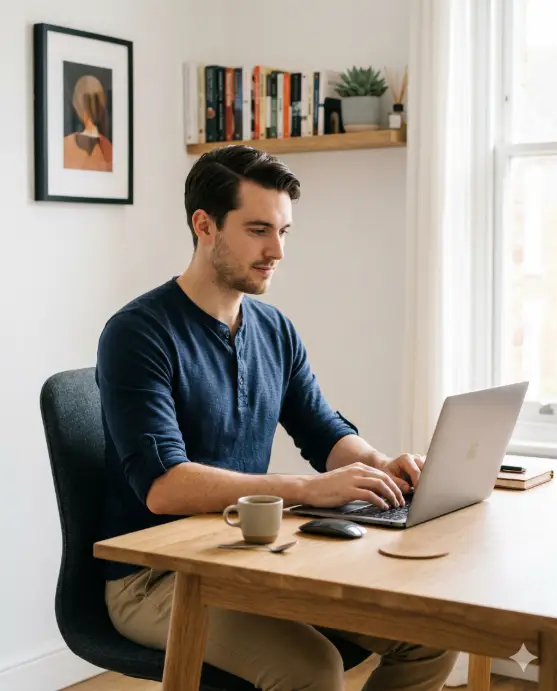 Create a lifestyle photo of a young man sitting at a minimalist wooden desk in a well-lit home office, typing on a slim laptop with one hand while the other rests on the desk near a small espresso cup. He is wearing a fitted navy blue henley shirt with the sleeves pushed up to his forearms, paired with khaki chinos. His hair is neatly styled with a natural side part. He has a focused but relaxed expression, looking at the laptop screen. The camera is positioned at a slight angle from the front left at chest height. The background features a white wall with a single framed abstract print, a small shelf with books and a succulent plant, and soft diffused natural light coming from a window to his right. Clean, neutral tones with warm undertones. Shot with a 50mm lens, medium depth of field. Use aspect ratio 4:5.