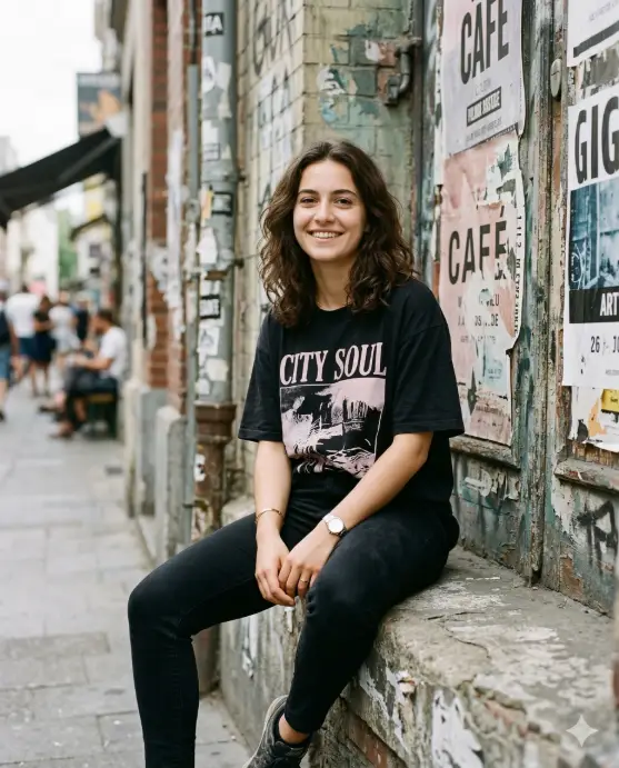 Create a casual urban lifestyle portrait of a young woman sitting on a low concrete ledge along a textured city wall covered with faded posters, peeling paint, and subtle graffiti, leaning slightly forward with her hands loosely clasped while smiling warmly toward the camera with a relaxed, friendly expression, her shoulder-length wavy dark hair falling naturally around her face, wearing a loose black graphic t-shirt with a soft pink print paired with fitted black pants and minimal accessories including a simple bracelet, ring, and wristwatch, the background featuring a weathered urban wall with layered textures and street-art details softly blurred to create depth, captured in natural daylight with shallow depth of field and muted earthy tones, producing a modern street-style portrait with a candid, authentic city atmosphere. Use aspect ratio 4:5.