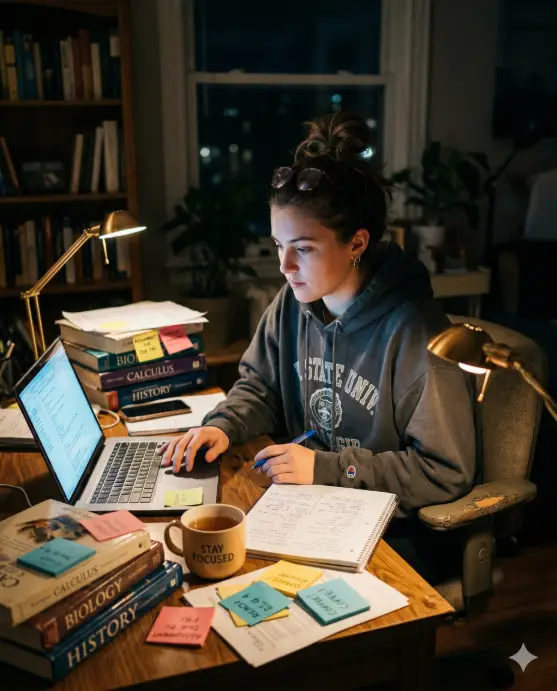 Create a lifestyle photo of a young woman sitting at a cluttered home desk late at night, one hand on a laptop keyboard and the other holding a pen while reviewing notes on a notebook beside it. She is wearing an oversized dark gray college hoodie and her hair is in a messy topknot with reading glasses pushed up on her head. Her face is illuminated by the cool glow of the laptop screen mixed with the warm amber light of a small brass desk lamp. A mug of tea, a stack of textbooks, and scattered sticky notes surround her workspace. The camera is at desk level, capturing her from the front slightly to the side. The background is a dark room with only faint outlines of bookshelves and a window showing a dark night sky. Moody, warm and cool contrast. Shot with a 50mm lens, shallow depth of field. Use aspect ratio 4:5.