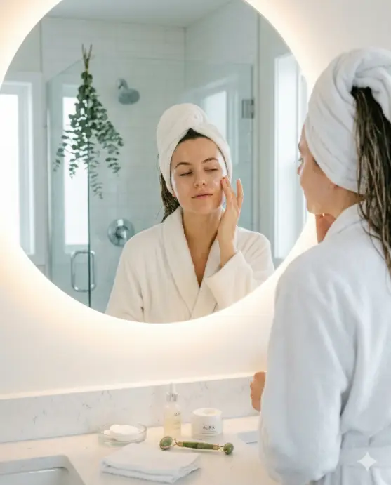 Create a lifestyle photo of a young woman standing in front of a bathroom mirror applying moisturizer to her cheek with her fingertips. She is wearing a soft white terrycloth robe with her hair wrapped in a matching towel. Her skin looks fresh and dewy, and her expression is relaxed with her eyes half-closed in a natural, candid way. The camera captures her reflection in the round backlit mirror along with a partial side view of her from behind. The bathroom counter in front of her has neatly arranged skincare bottles, a small jade roller, and a folded washcloth. The space is bright with clean white tiles, soft diffused overhead lighting, and a small eucalyptus branch hanging from the showerhead in the blurred background. Bright, clean tones with soft whites and pale greens. Shot with a 50mm lens, shallow depth of field. Use aspect ratio 4:5.