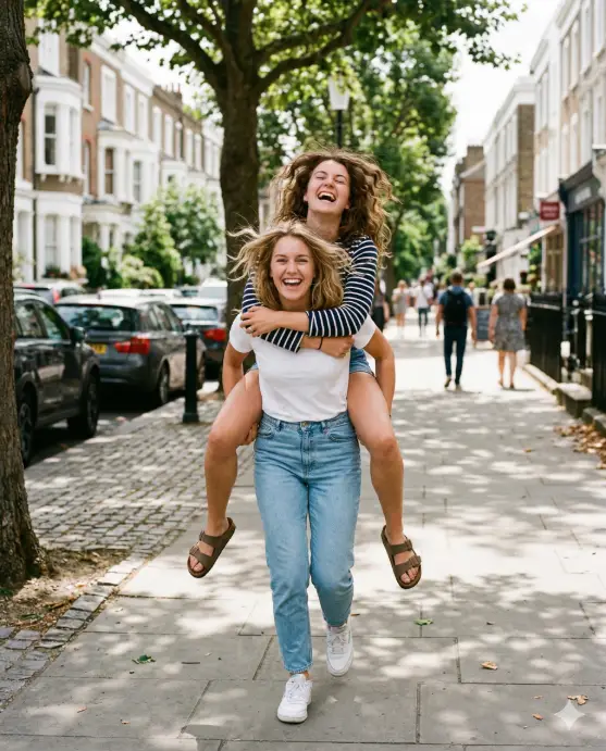 Create a photo of one young woman giving her best friend a piggyback ride on a wide, tree-lined city sidewalk on a bright sunny day. The one carrying is wearing a plain white t-shirt with light blue mom jeans and white sneakers, gripping her friend's legs with a determined, laughing expression. The one on top is wearing a striped navy and white breton top with denim shorts, arms wrapped around her friend's shoulders, head thrown back laughing with her eyes closed. Both have windblown hair. The camera is slightly ahead of them at waist height, capturing the motion as they move toward the lens. Bright, clean midday sunlight with dappled shadows from the trees above. The background shows a blurred row of townhouses and parked cars. Playful, candid, lifestyle photography with vibrant natural colors. Shot with a 50mm lens, shallow depth of field. Use aspect ratio 4:5.