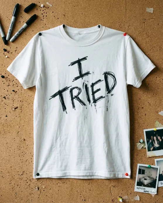 Create a photo of a plain white t-shirt pinned to a corkboard wall with pushpins. The shirt features messy, hand-scrawled text written in thick black permanent marker that reads "I TRIED" in uneven, slightly tilted capital letters with visible marker streaks and overlapping strokes. The handwriting looks genuinely imperfect, like someone actually wrote it by hand in a hurry. A few marker pens and polaroid photos are scattered around the edges of the frame. The camera is straight on, slightly below center. Cool, flat, even lighting with a soft shadow behind the shirt. Raw, DIY, zine-culture, indie brand aesthetic. Use aspect ratio 4:5.