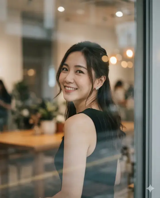 Create a soft, elegant portrait of a young woman indoors captured through a reflective glass surface, creating gentle bokeh highlights and subtle reflections in the foreground, as she turns her head slightly over her shoulder and smiles warmly toward the camera, her long dark hair styled half-tied with loose strands framing her face, wearing a sleeveless black outfit and delicate sparkling leaf-shaped earrings that catch the light, her makeup natural and polished with bright expressive eyes and a soft pink smile, the background softly blurred with hints of a modern interior space, glass panels, and warm ambient lighting, while the reflections and light flares add a dreamy cinematic mood, photographed in a refined lifestyle portrait style with shallow depth of field, soft diffused lighting, natural skin tones, and an intimate, graceful atmosphere. Use aspect ratio 4:5.