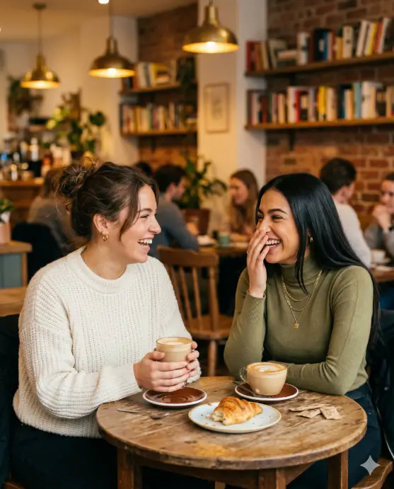 Create a photo of two young women sitting across from each other at a small round table inside a cozy coffee shop, both mid-laugh with genuine wide smiles. One is wearing a cream chunky knit sweater with gold hoop earrings and her hair in a messy bun, holding a latte with both hands. The other is wearing a fitted olive green turtleneck with layered delicate necklaces, her straight dark hair falling past her shoulders, one hand covering her mouth while laughing. The table has two coffee cups, a small pastry plate, and scattered sugar packets. The camera is at eye level from a slight side angle capturing both faces. Warm interior lighting with soft golden tones from pendant lamps above. The background shows blurred bookshelves, exposed brick, and other patrons. Candid lifestyle photography style with warm, inviting tones. Shot with an 85mm lens, shallow depth of field. Use aspect ratio 4:5.