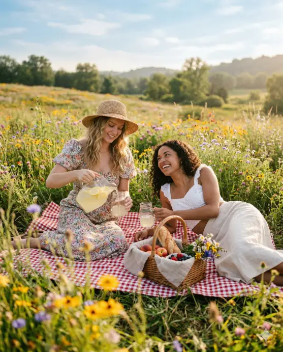 Create a photo of two young women sitting on a checkered blanket in the middle of a wildflower field on a sunny afternoon. One is wearing a floral midi dress with puff sleeves and a woven sun hat, pouring lemonade from a glass pitcher into two mason jars. The other is in a white eyelet crop top with a long flowy skirt, lying on her side propped up on one elbow, smiling at her friend. A wicker basket with bread, fruit, and flowers sits between them. The camera is at ground level, shooting through some wildflowers in the foreground for depth. Soft, warm natural light with a slight haze giving the image a dreamy quality. The background is a rolling green meadow with scattered yellow and purple wildflowers. Whimsical, editorial, cottagecore aesthetic. Shot with a 50mm lens, shallow depth of field. Use aspect ratio 4:5.