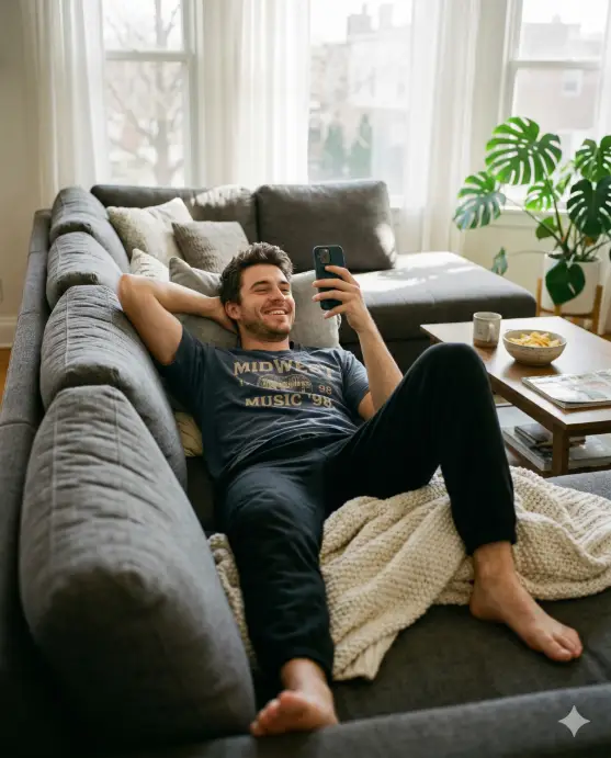 Create a lifestyle photo of a young man lying on a large gray sectional sofa with one arm behind his head and the other holding a phone above his face. He is wearing a washed-out vintage graphic tee and black sweatpants, with one leg stretched out and the other bent at the knee. His expression is relaxed with a slight amused grin as if reading something funny. A soft knitted throw blanket is draped partially over his legs. The camera is positioned at a low angle from the end of the sofa, shooting along its length to create depth. The background shows a bright living room with large windows, sheer curtains letting in soft afternoon light, a coffee table with a half-eaten bowl of snacks, and a potted monstera plant in the corner. Warm, casual, lived-in tones. Shot with a 35mm lens, natural perspective. Use aspect ratio 4:5.