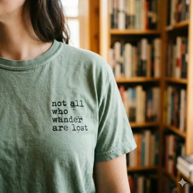 Create a close-up photo of the left chest area of a soft sage green t-shirt worn by someone standing in a sunlit bookstore. The shirt features a small block of typewriter-style text on the chest that reads "not all who wander are lost" in faded black ink, mimicking the uneven key strikes and slight misalignments of a real typewriter. Only the upper torso is visible in the frame, with blurred bookshelves and warm amber light in the background. The camera is close, focusing tightly on the text area with a shallow depth of field. Warm, cozy, golden natural light. Quiet, bookish, literary aesthetic. Use aspect ratio 1:1.