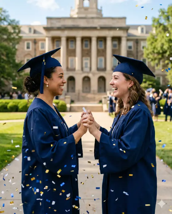 Create a photo of two young women in navy blue graduation gowns and caps standing face to face, holding each other's hands with their arms outstretched between them, both beaming with wide, joyful smiles. One has her tassel flipped to the left and is wearing pearl stud earrings, and the other has small gold hoop earrings with a subtle glitter on her cheeks. Confetti is scattered in the air around them. The background is a grand university building with classical columns and manicured green lawns, slightly blurred. The camera is at chest height, capturing them in a full two-shot composition. Bright, celebratory natural light on a clear day with warm tones. Joyful, candid, lifestyle photography style. Shot with a 50mm lens, shallow depth of field. Use aspect ratio 4:5.
