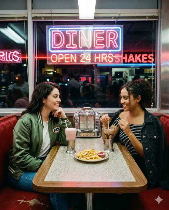 Create a photo of two young women sitting across from each other in a retro American diner booth with red vinyl seats and a Formica table. One is wearing a vintage-style bomber jacket over a plain white tee with hoop earrings, resting her chin on her hand. The other is in an off-shoulder striped top with a denim jacket draped over the booth behind her, stirring a milkshake with a metal straw. The table has two milkshakes, a plate of fries, and a small jukebox selector. Neon signs glow pink and blue through the window behind them. The camera is at table height, capturing both of them in a symmetrical composition. Warm neon-tinted lighting mixed with cool fluorescent overhead glow. Retro, cinematic, film-grain aesthetic with slightly saturated colors. Shot with a 35mm lens. Use aspect ratio 4:5.