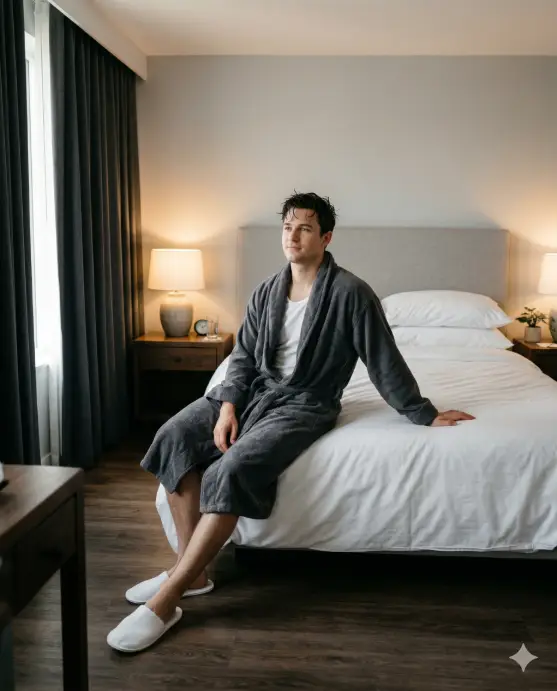 Create a lifestyle photo of a young man sitting on the edge of a neatly made bed in a hotel-style bedroom, leaning back on one hand with the other resting on his knee. He is wearing a plush charcoal gray bathrobe with the front loosely open over a white undershirt, and his feet are in simple white hotel slippers. His hair is slightly damp and his expression is calm and relaxed. The camera is at bed height, capturing him from a slight angle with space around him. The background shows a clean, minimal bedroom with white bedding, two bedside lamps giving off a warm glow, light gray walls, and a window with blackout curtains partially drawn to let in a strip of natural light. Soft, muted tones with warm highlights. Shot with a 50mm lens, shallow depth of field. Use aspect ratio 4:5.