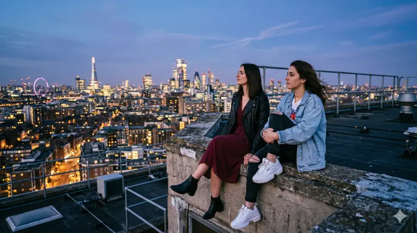 Create a photo of two young women sitting on the edge of a rooftop, legs dangling over the side with a panoramic city skyline behind them at blue hour. One is wearing a black leather jacket over a burgundy midi dress with ankle boots, leaning back on her palms. The other is in an oversized denim jacket with a white graphic tee, ripped jeans, and chunky platform sneakers, hugging one knee to her chest. Both are looking out at the city with relaxed, thoughtful expressions. The camera is behind them and slightly to the right, capturing them from a three-quarter back angle with the glowing skyline stretching across the frame. Cool blue and purple tones dominate the scene with warm amber lights from the city buildings. Cinematic, atmospheric mood. Shot with a 28mm lens, medium depth of field. Use aspect ratio 16:9.