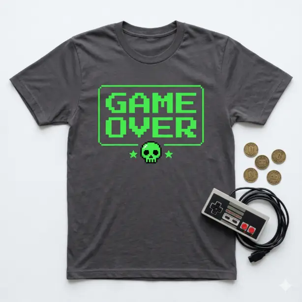 Create a product photo of a charcoal gray t-shirt displayed flat on a clean white surface. The shirt features pixelated 8-bit style typography in bright green (the color of old-school computer terminal text) that reads "GAME OVER" with each letter constructed from small visible square pixels. A thin pixelated border frames the text, and a small pixel art skull icon sits below the words. A retro game controller and a few arcade tokens are placed beside the shirt as props. The camera is overhead, shooting straight down. Bright, even, cool-toned studio lighting. Retro gaming, nostalgic, pixel-art inspired product photography aesthetic. Use aspect ratio 1:1.