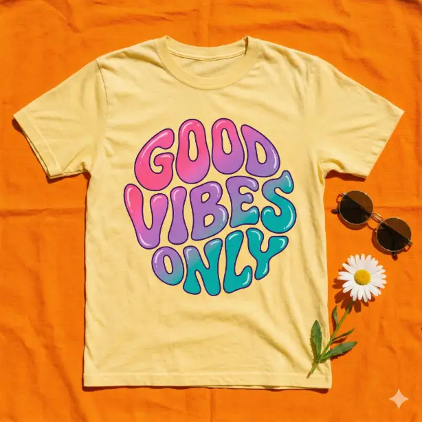 Create a flat lay photo of a butter yellow t-shirt on a bright orange surface. The shirt features wavy, psychedelic-style lettering in gradient tones of pink, purple, and teal that reads "GOOD VIBES ONLY" with letters that curve, stretch, and flow in organic wave patterns. The font has a thick, rounded, bubbly quality with a slight glossy finish. A pair of round vintage sunglasses and a daisy flower are placed beside the shirt. The camera is directly overhead. Bright, saturated, warm lighting with bold pop colors. Fun, retro, 1970s flower-power aesthetic. Use aspect ratio 1:1.