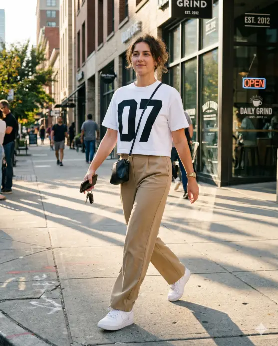 Create a photo of a young woman walking down a city sidewalk wearing a cropped white t-shirt featuring the number "07" printed in a massive, ultra-bold condensed sans-serif font in deep black ink that takes up the entire front of the shirt. The numbers have a clean, sharp-edged, athletic-inspired quality. She is wearing high-waisted wide-leg khaki trousers and white sneakers, with a small crossbody bag. She is mid-stride, looking straight ahead with a natural, candid expression. The camera is across the street at waist level, capturing her full body. Bright afternoon sunlight with long shadows on the pavement. Clean, sporty, modern street style aesthetic. Use aspect ratio 4:5.