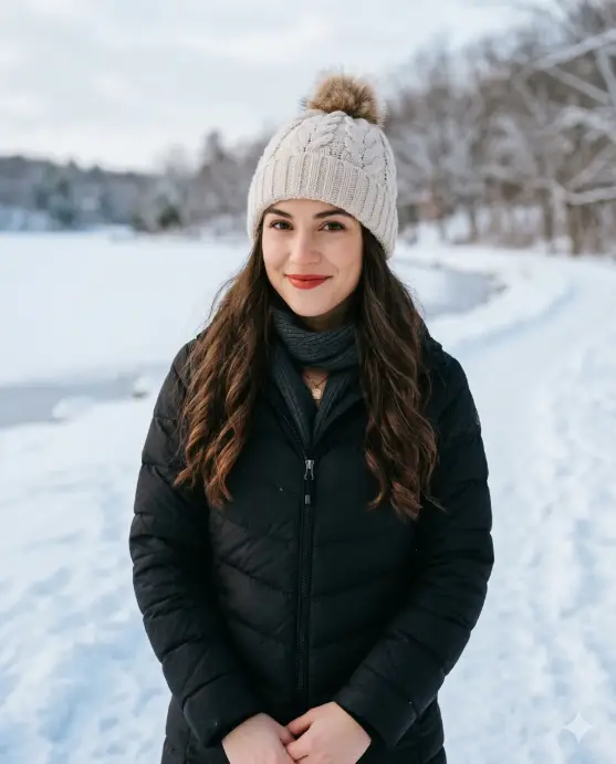 Create a crisp winter portrait of a young woman standing outdoors in a serene snowy landscape, facing the camera with a soft confident smile while tilting her head slightly to one side, her long dark hair flowing smoothly over her shoulders beneath a cozy cream-colored knitted beanie, wearing a fitted black quilted winter jacket that contrasts elegantly with the bright snow around her, subtle makeup with bold red lipstick enhancing her warm expression, captured during soft natural daylight with cool blue shadows reflecting off the snow, the background featuring blurred leafless trees and a frozen lakeside scene that creates a peaceful winter atmosphere, photographed with shallow depth of field to produce creamy bokeh and a cinematic cold-weather lifestyle aesthetic that highlights texture, warmth, and natural beauty. Use aspect ratio 4:5.