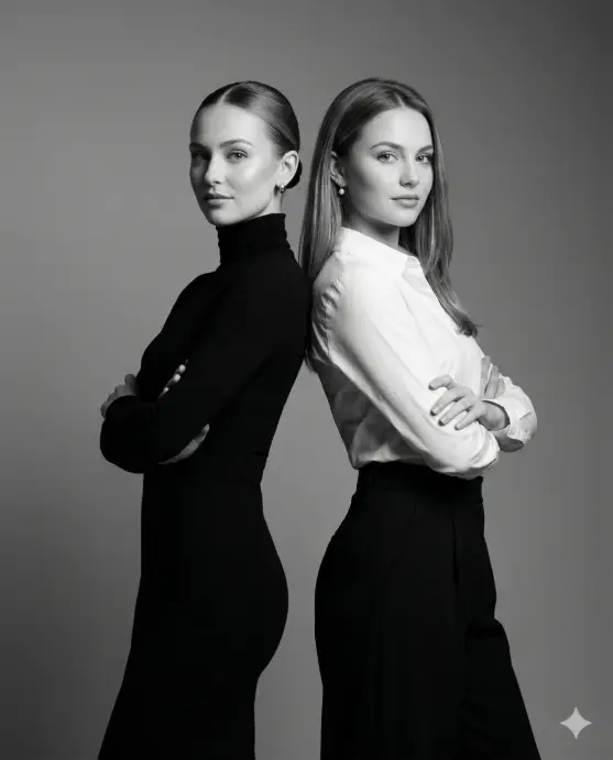 Create a black and white photo of two young women standing back to back in a studio setting, arms crossed, looking over their shoulders at the camera with elegant, composed expressions. One is wearing a sleek black turtleneck dress with her hair slicked back into a tight bun and minimal silver stud earrings. The other is in a structured white button-down shirt tucked into high-waisted black wide-leg trousers with her hair down in smooth straight layers and small pearl earrings. The background is a seamless gray studio backdrop with a single soft light source from the upper left creating dramatic shadows and clean highlights on their faces. The camera is at chest height, centered between them. Classic, high-contrast black and white with rich tonal range. Formal portrait photography style. Shot with an 85mm lens, shallow depth of field. Use aspect ratio 4:5.