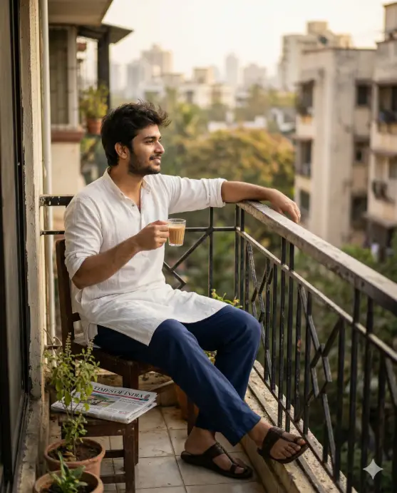 Create a lifestyle photo of a young man sitting on a small wooden chair on a narrow apartment balcony, holding a glass cup of chai in one hand with the other arm resting on the metal railing. He is wearing a relaxed-fit white kurta with the sleeves rolled up to the elbows and comfortable navy blue cotton pants with leather sandals. His hair is slightly tousled and his expression is calm and content, looking out over the railing at the view with a faint smile. The camera is positioned just inside the balcony doorway at eye level, framing him between the door frame and the railing with the outside visible behind him. The background shows a soft, blurred view of neighboring buildings and treetops bathed in warm early morning sunlight. A small potted tulsi plant and a folded newspaper sit on the balcony floor beside his chair. Warm golden tones with natural light and gentle shadows. Shot with a 50mm lens, shallow depth of field. Use aspect ratio 4:5.