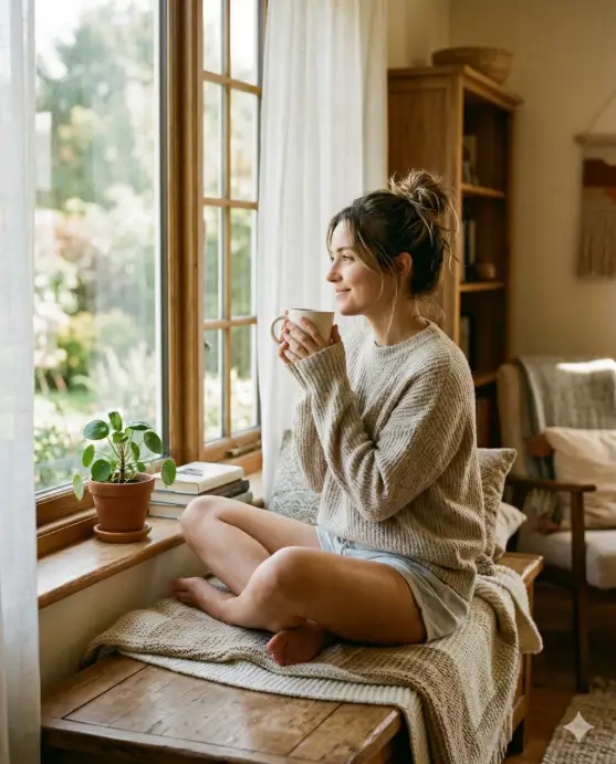 Create a lifestyle photo of a young woman sitting on a wooden window seat in a sunlit living room, holding a white ceramic mug of coffee with both hands close to her face. She is wearing an oversized oatmeal-colored knit sweater and light gray cotton shorts, with her legs tucked under her and bare feet visible. Her hair is loosely tied in a messy bun with a few strands falling around her face. She is looking out the window with a relaxed, peaceful expression. The camera angle is at eye level from slightly to the side, capturing her profile and the soft natural light streaming through sheer white curtains. The background shows a cozy living room corner with a knitted throw blanket draped over the seat and a small potted plant on the windowsill. Warm golden morning tones with soft shadows. Shot with an 85mm lens, shallow depth of field. Use aspect ratio 4:5.