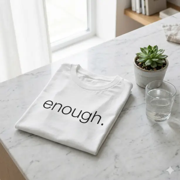 Create a photo of a neatly folded white cotton t-shirt placed on a smooth marble countertop. The shirt features the single word "ENOUGH." printed in a thin, lowercase sans-serif font in matte black ink, positioned on the upper left chest area. The period after the word is intentional and adds a design element. A small potted succulent and a clear glass of water sit nearby. The camera angle is slightly above, looking down at a 45-degree angle. Bright, airy natural light from a large window with soft shadows. Ultra-clean, Scandinavian-inspired minimalist product photography style. Use aspect ratio 1:1.