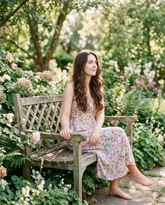 Create a soft, dreamy outdoor portrait of a young woman seated on a wooden lattice bench in a serene garden setting, surrounded by lush greenery and softly blurred trees in the background, captured in gentle natural daylight that filters through the leaves creating a warm, airy atmosphere, the woman gazing slightly upward and away from the camera with a calm, thoughtful expression, her long wavy dark hair falling naturally, wearing a delicate sleeveless floral summer dress with soft pink and pastel flower patterns, subtle makeup, the scene photographed with shallow depth of field to produce creamy bokeh in the background, emphasizing a peaceful, romantic lifestyle photography aesthetic with soft tones, natural textures, and a candid mood. Use aspect ratio 4:5.