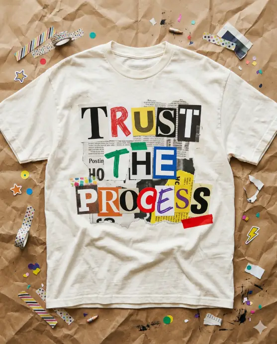 Create a flat lay photo of an off-white oversized t-shirt on a crumpled brown kraft paper background. The shirt features a collage-style ransom note typography design where the phrase "TRUST THE PROCESS" is assembled from mismatched letters and words, each in a different font, size, color, and style, some appearing as cut-out newspaper clippings, some as sticker labels, and some hand-drawn. The overall composition looks intentionally chaotic but balanced. Colorful washi tape strips and small sticker fragments are scattered around the shirt as props. The camera is directly overhead. Bright, flat, even lighting. Playful, eclectic, art-school collage aesthetic. Use aspect ratio 4:5.