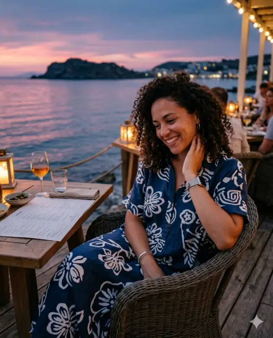 Create a warm, candid evening portrait of a cheerful woman with voluminous curly hair sitting in a woven wicker chair at an outdoor seaside restaurant during sunset, leaning slightly to one side with her head tilted down and a relaxed joyful smile, her hand resting gently near her neck, wearing a loose blue dress with large white organic patterns and short sleeves along with a light-colored wristwatch, the table beside her holding a menu and small items suggesting a casual dinner setting, while behind her stretches a calm dark-blue ocean reflecting the fading twilight sky that transitions from soft pink and purple hues to deep blue, with distant shoreline lights and a small island silhouette glowing softly on the horizon, illuminated by warm ambient restaurant lighting that gently highlights her face and textures of the chair, creating a cozy, intimate, travel-lifestyle photography aesthetic with natural skin tones, shallow depth of field, and a peaceful coastal evening atmosphere. Use aspect ratio 4:5.