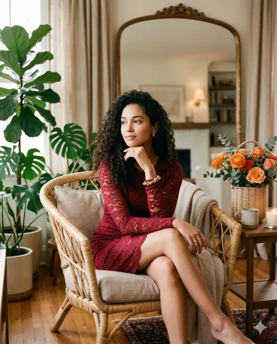 Create a warm, elegant indoor portrait of a young woman with voluminous curly hair seated gracefully in a woven wicker armchair inside a cozy, softly lit living space, resting her chin lightly on her hand while gazing thoughtfully to the side with a calm and confident expression, wearing a fitted deep-red lace dress with long sleeves and delicate textures that catch the warm ambient lighting, accessorized with subtle earrings, rings, and a bold bracelet, her posture relaxed with one leg crossed over the other, surrounded by a thoughtfully styled interior that includes tall green indoor plants, flowing curtains, a large decorative mirror, and a small wooden side table holding a basket vase with bright orange flowers, captured with cinematic warm tones, soft shadows, and shallow depth of field to create a refined lifestyle portrait with a serene, sophisticated atmosphere. Use aspect ratio 4:5.