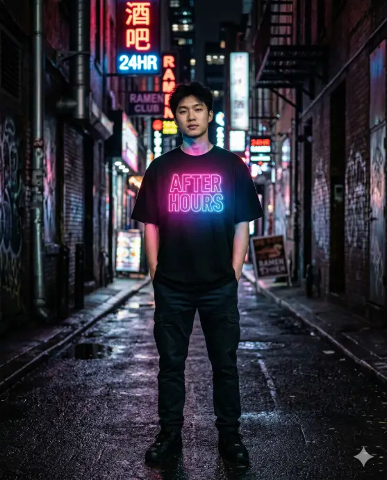 Create a photo of a young man wearing a black oversized t-shirt with glowing neon pink and blue typography across the chest that reads "AFTER HOURS" in a bold condensed font. The letters emit a soft neon glow effect with light bleeding onto the surrounding black fabric, as if the text is actually illuminated. He is standing in a dark urban alley at night with blurred neon signs and wet pavement reflections behind him. His hands are in his pockets, body facing the camera with a calm expression. The camera is at waist level, angled slightly upward. Dramatic low-light photography with neon color spill and deep blacks. Cyberpunk, late-night streetwear mood. Use aspect ratio 4:5.