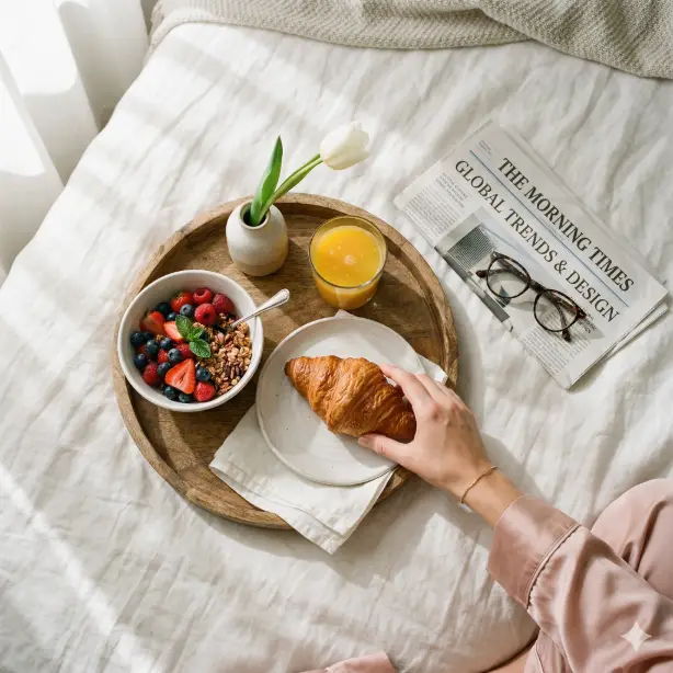 Create a flat lay lifestyle photo shot from directly above of a breakfast spread arranged on a white linen bedsheet. The spread includes a round wooden tray holding a croissant on a small ceramic plate, a bowl of mixed berries, a glass of fresh orange juice, and a small vase with a single white tulip. A folded newspaper and a pair of reading glasses sit beside the tray. A woman's hand is reaching in from the bottom right of the frame, picking up the croissant, with a thin gold bracelet visible on her wrist. She is wearing a soft blush pink silk pajama sleeve. The bedsheet has soft natural wrinkles and the morning light creates gentle diagonal shadows across the scene. Warm, bright, editorial tones with soft pastel accents. Shot with a 24mm lens, flat perspective. Use aspect ratio 1:1.