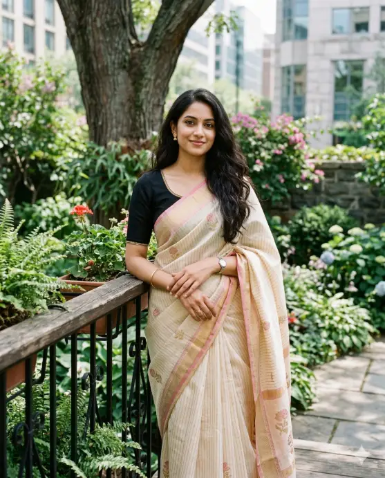 Create a graceful outdoor portrait of a young woman standing beside a railing in a lush garden courtyard, wearing an elegant cream-colored saree with delicate vertical stripes, soft pink borders, and subtle floral motifs, draped neatly over a fitted black short-sleeve blouse with a rounded collar, her long dark hair flowing naturally over her shoulders, minimal jewelry including small earrings, a simple ring, and a wristwatch, her hands gently clasped at her waist while she leans slightly toward the railing with a calm, confident expression and soft smile, surrounded by greenery, trimmed bushes, and a tree trunk behind her with modern buildings softly blurred in the background, captured in bright natural daylight with soft shadows, shallow depth of field, and a refined lifestyle photography style that highlights fabric texture, natural skin tones, and the serene elegance of traditional attire. Use aspect ratio 4:5.