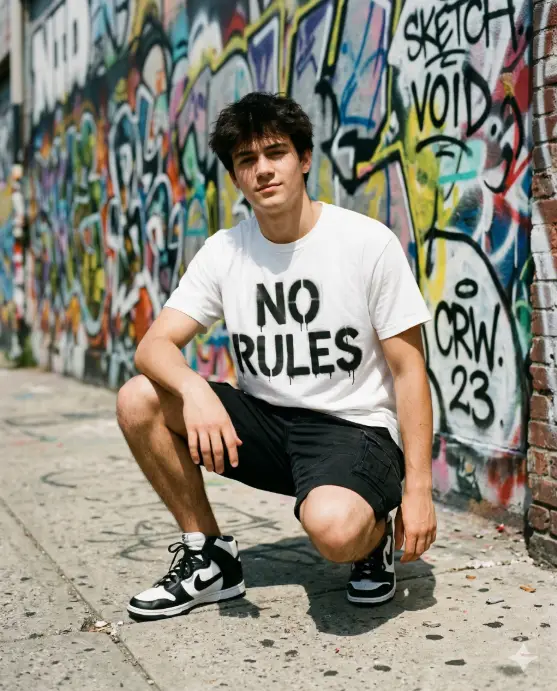Create a photo of a young man crouching on a concrete sidewalk, wearing a white t-shirt with bold spray-painted stencil typography in matte black that reads "NO RULES" across the chest. The paint has realistic overspray edges, uneven coverage, and slight drip marks at the bottom of some letters, as if genuinely sprayed through a cardboard stencil. He is wearing black cargo shorts and high-top sneakers, with one arm resting on his knee. The background is a colorful graffiti-covered wall, slightly out of focus. The camera is at his eye level, shooting straight on. Bright, harsh midday sunlight with strong shadows. Raw, urban, street-art editorial mood. Use aspect ratio 4:5.