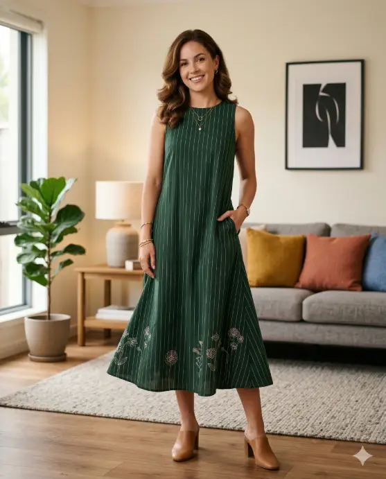 Create a stylish indoor portrait of a confident young woman standing in a cozy modern living room, wearing an elegant sleeveless green midi dress with subtle vertical white lines and minimal artistic patterns near the hem, the dress gently flaring at the bottom as she stands with a relaxed posture and one hand resting casually in the dress pocket, her softly curled shoulder-length hair styled with volume and shine, paired with delicate gold jewelry including a thin necklace with small pendants, earrings, and bracelets, her expression calm and self-assured with a slight playful tilt of the head, warm ambient indoor lighting softly illuminating her face and outfit, while the background features a contemporary living space with a comfortable sofa, colorful accent cushions, a wooden side table, and a framed black-and-white wall artwork, captured with shallow depth of field to create a polished lifestyle photography aesthetic with warm tones and a relaxed, elegant atmosphere. Use aspect ratio 4:5.