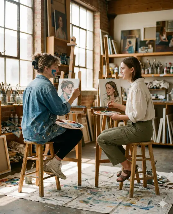 Create a photo of two young women sitting on wooden stools facing each other in a bright, sunlit art studio, each holding a small canvas on an easel and painting a portrait of the other. One is wearing a paint-splattered oversized denim shirt with the sleeves rolled up over black leggings and white canvas sneakers, her curly hair pulled up with a large claw clip, a streak of blue paint on her cheek. The other is in a loose cream linen button-up tucked into high-waisted olive cargo pants with brown leather sandals, her straight hair tucked behind her ears, holding a thin paintbrush between her teeth while mixing colors on a wooden palette. The floor around them is covered with drop cloths splattered in dried paint. The camera is positioned to the side at eye level, capturing both of them in profile with their canvases visible. Warm, natural light floods in from tall industrial windows with soft shadows across the concrete floor. The background shows shelves of paint tubes, stacked canvases, and glass jars filled with brushes. Artistic, intimate, lifestyle editorial with warm earthy tones. Shot with a 50mm lens, medium depth of field. Use aspect ratio 4:5.