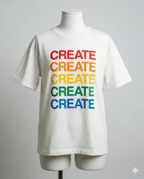 Create a product photo of a white boxy-fit t-shirt displayed on a mannequin torso against a pale gray seamless backdrop. The shirt features the word "CREATE" stacked five times vertically down the center of the chest, each repetition in a different solid color: red, orange, yellow, green, and blue, all in a bold Helvetica-style font. The text is perfectly aligned and evenly spaced with a fresh, screen-printed finish. The camera is straight on at chest height. Clean, even studio lighting with no harsh shadows. Modern, Bauhaus-inspired graphic design aesthetic. Use aspect ratio 4:5.