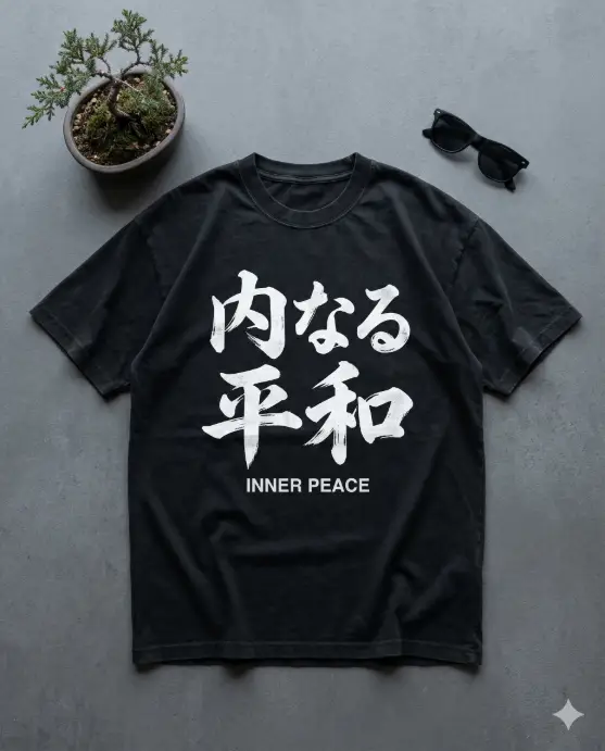 Create a photo of a washed black oversized t-shirt laid flat on a matte charcoal surface. The shirt features large bold Japanese Kanji characters in white ink centered on the chest, with a smaller English translation reading "inner peace" printed in a minimal sans-serif font directly beneath it. The Kanji strokes have a slightly brushed, calligraphic texture. A small bonsai plant in a ceramic pot and a pair of black sunglasses are placed beside the shirt as styling props. The camera angle is overhead in a flat lay arrangement. Soft, cool-toned natural light with minimal shadows. Clean, modern, Japanese-inspired streetwear mood. Use aspect ratio 4:5.