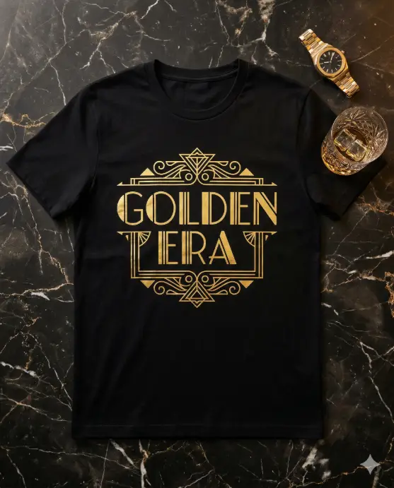 Create a product photo of a black premium cotton t-shirt laid flat on a sheet of dark marble. The shirt features Art Deco-style geometric typography in gold foil that reads "GOLDEN ERA" with thin parallel lines, triangular accents, and symmetrical decorative elements framing the text. The gold foil has a realistic metallic sheen that reflects the studio light. A gold wristwatch and a small crystal whiskey glass are placed as styling props. The camera angle is overhead, looking directly down. Warm, luxurious studio lighting with controlled highlights on the gold foil elements. Elegant, Gatsby-era, luxury brand product photography feel. Use aspect ratio 4:5.