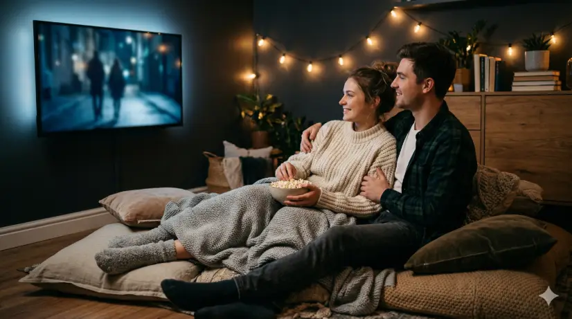 Create a lifestyle photo of a young couple sitting together on a large floor cushion arrangement in front of a TV screen showing a blurred movie scene. The woman is leaning against the man with a blanket over both their laps, holding a bowl of popcorn. She is wearing a chunky cream knit sweater and fuzzy socks. The man has his arm around her shoulders and is wearing a dark green flannel shirt over a white tee. Both are looking at the screen with relaxed, happy expressions. The camera is positioned to their side at seated level, capturing them in profile with the glowing TV in the background. The room is dark except for the cool bluish glow from the screen and a string of warm fairy lights draped along the wall behind them. Cozy, warm-and-cool mixed lighting with soft, intimate tones. Shot with a 35mm lens, shallow depth of field. Use aspect ratio 16:9.