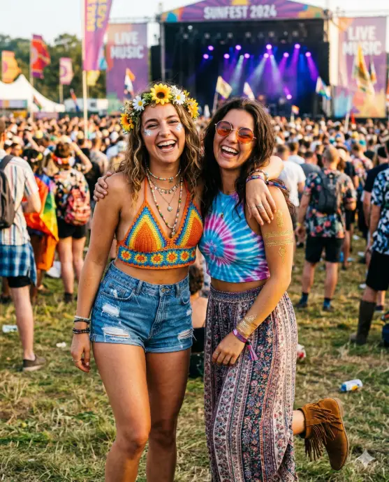 Create a photo of two young women at an outdoor music festival, arms around each other's shoulders, facing the camera with huge smiles. One is wearing a crochet halter top with high-waisted denim shorts, layered beaded necklaces, and a flower crown made of sunflowers and daisies. She has glitter on her cheekbones. The other is in a tie-dye crop top with a flowing boho maxi skirt and fringe ankle boots, wearing round tinted sunglasses pushed up on her forehead with temporary metallic tattoos on her arms. The background shows a blurred festival crowd, colorful flags, and a large stage with purple and blue stage lights in the distance. The camera is at eye level, capturing them from the waist up. Bright, warm afternoon light mixed with colorful festival lighting. Vibrant, energetic, lifestyle editorial with rich saturation. Shot with a 50mm lens. Use aspect ratio 4:5.