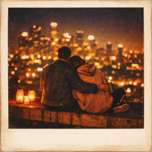 Create a vintage Polaroid photograph of a couple sitting on the edge of a rooftop at night with a glowing city skyline stretching out behind them. The man is wearing a dark denim jacket and black jeans, and the woman is wearing an oversized vintage hoodie and leggings with sneakers. She is resting her head on his shoulder and he has his arm around her. A few candles in glass jars are placed beside them on the rooftop ledge. The city lights create a soft, warm bokeh in the background. Deep warm tones with amber and navy, heavy film grain, slight soft focus, visible vignette around the frame, warm tungsten color cast. Shot on Polaroid 600 film. Use aspect ratio 1:1.