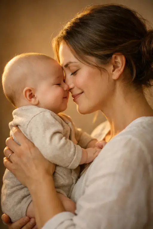 Create a close-up photo of a mother and her baby touching noses, both with their eyes closed and soft smiles on their faces. The mother has her hair loosely pulled back and is wearing a simple white linen top. The baby is around 4 months old, wearing a soft oatmeal-colored cotton onesie. The mother is holding the baby with both hands supporting the baby's body close to her face. The camera is at face level, shooting from a slightly angled side view. Warm golden light from a nearby window illuminates the right side of their faces, leaving gentle shadows on the left. The background is completely blurred in warm neutral tones. Intimate, emotional, fine art portrait style with a warm color palette. Shot with an 85mm lens, very shallow depth of field. Use aspect ratio 4:5.