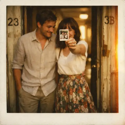 Create a vintage Polaroid photograph of a couple standing in a sunlit doorway of an old apartment building. The man is wearing a casual linen shirt and rolled-up chinos, and the woman is wearing a vintage floral midi skirt and a tucked-in white blouse. She is holding up a Polaroid print of the two of them at the camera, showing a tiny version of them smiling in the small photo. He is looking at the Polaroid she is holding with a nostalgic grin. The doorway has peeling paint and old brass numbers on it. Warm afternoon sunlight casting long shadows, golden and cream tones, heavy film grain, soft focus on the background, slight light leak on the right edge. Shot on Polaroid 600 film. Use aspect ratio 1:1.
