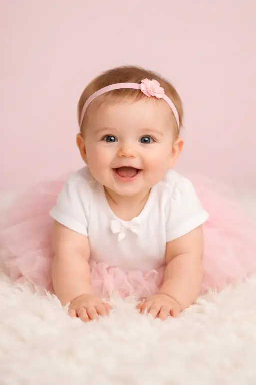 Create a photo of a baby girl around 6 months old sitting upright on a fluffy white faux fur rug, wearing a soft pink tulle tutu skirt and a white onesie with a small bow at the collar. She has a thin pink headband with a tiny flower on her head. Her hands are resting on the rug in front of her and she is looking directly at the camera with wide eyes and a happy open-mouth smile. The camera is at the baby's eye level, shooting straight on. Soft studio lighting from above and slightly to the right with no harsh shadows. The background is a clean, solid pale pink seamless backdrop. Bright, cheerful, professional baby portrait style. Shot with an 85mm lens, creamy bokeh. Use aspect ratio 4:5.